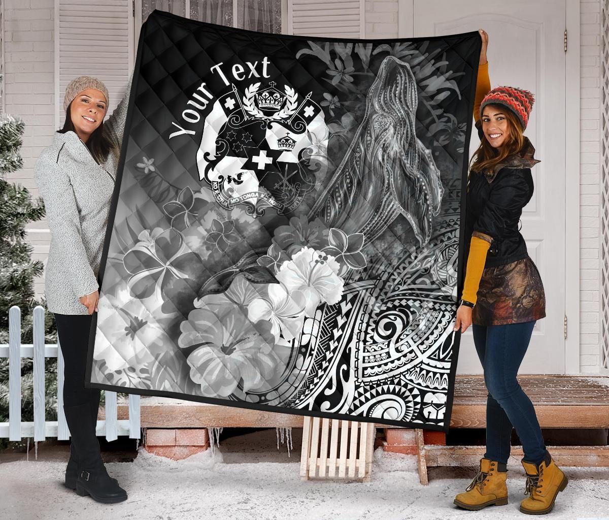 Tonga Custom Personalised Premium Quilt - Humpback Whale with Tropical Flowers (White)