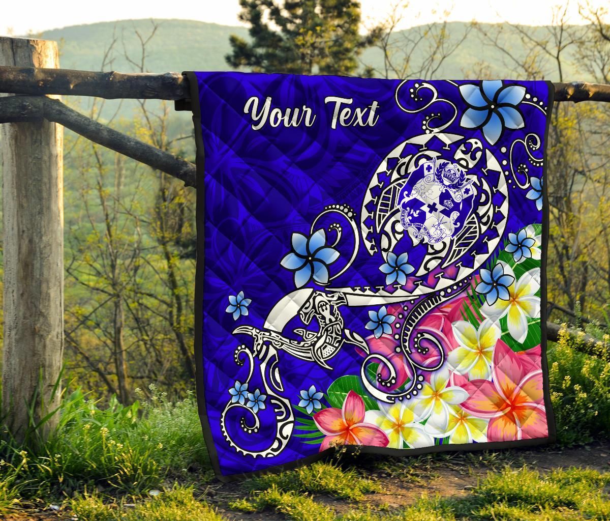 Tonga Custom Personalised Premium Quilt - Turtle Plumeria (Blue)