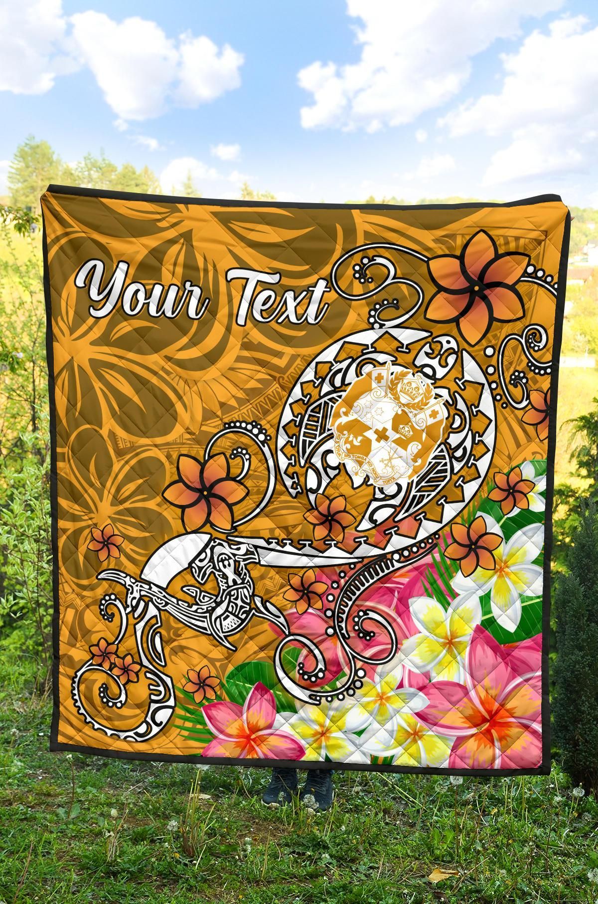 Tonga Custom Personalised Premium Quilt - Turtle Plumeria (Gold)
