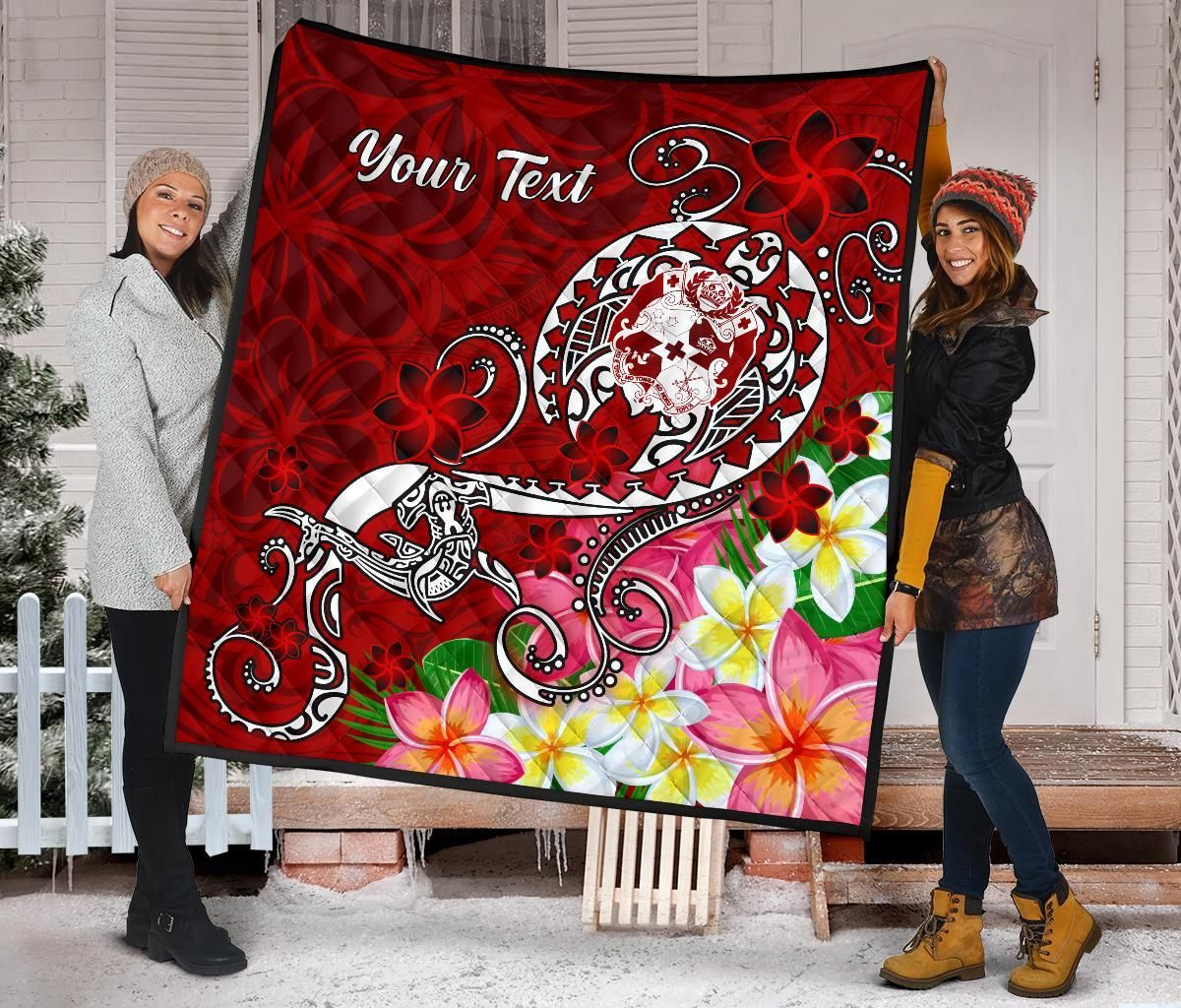 Tonga Custom Personalised Premium Quilt - Turtle Plumeria (Red)
