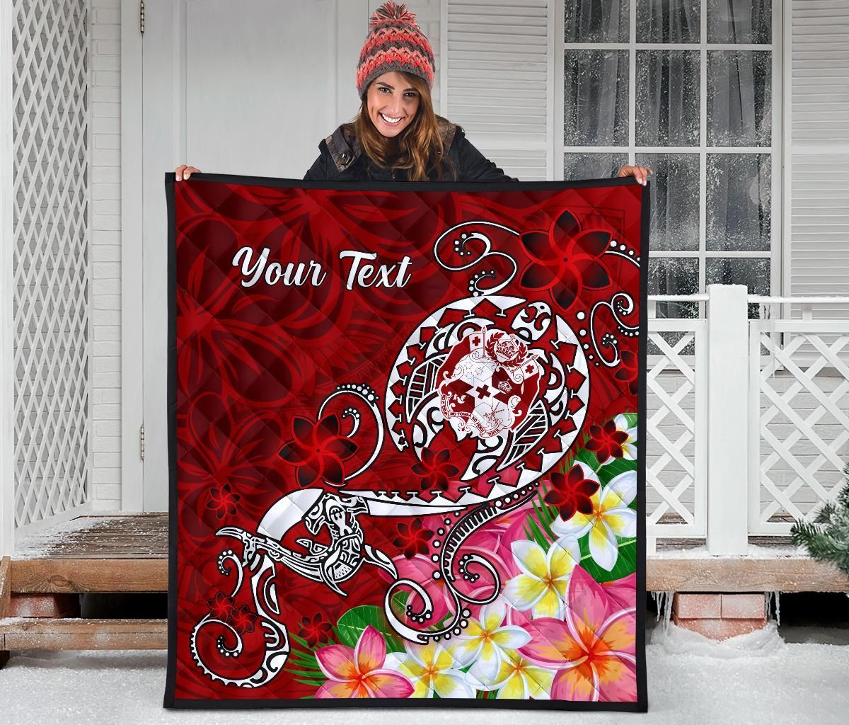 Tonga Custom Personalised Premium Quilt - Turtle Plumeria (Red)