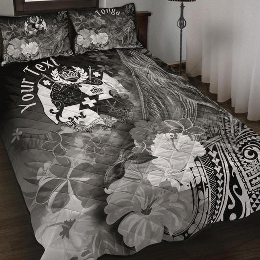 Tonga Custom Personalised Quilt Bed Set - Humpback Whale with Tropical Flowers (White)