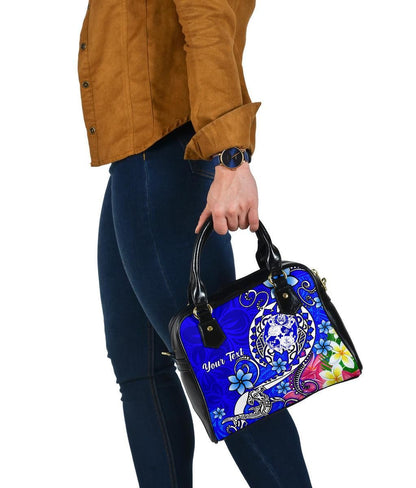 Tonga Custom Personalised Shoulder Handbag - Turtle Plumeria (Blue)