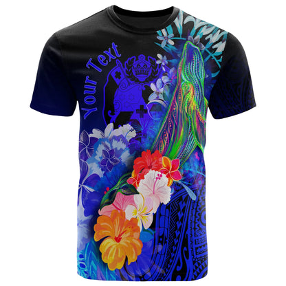 Tonga Custom Personalised T-Shirts - Humpback Whale with Tropical Flowers (Blue)