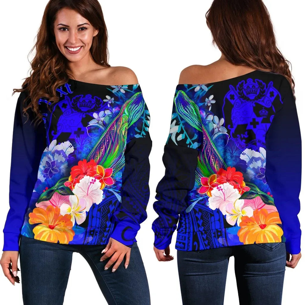 Tonga Custom Personalised Women Off Shoulder Sweater - Humpback Whale with Tropical Flowers (Blue)