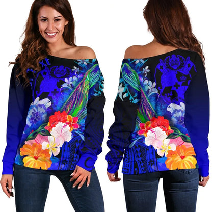 Tonga Custom Personalised Women Off Shoulder Sweater - Humpback Whale with Tropical Flowers (Blue)