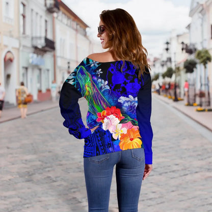 Tonga Custom Personalised Women Off Shoulder Sweater - Humpback Whale with Tropical Flowers (Blue)