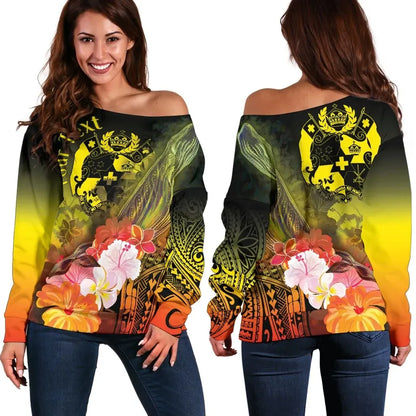 Tonga Custom Personalised Women Off Shoulder Sweater - Humpback Whale with Tropical Flowers (Yellow)