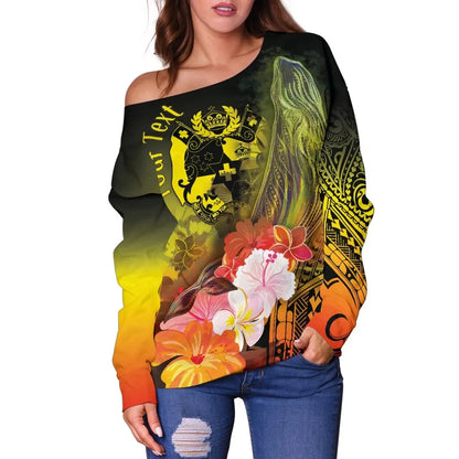 Tonga Custom Personalised Women Off Shoulder Sweater - Humpback Whale with Tropical Flowers (Yellow)