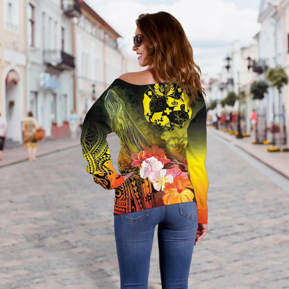 Tonga Custom Personalised Women Off Shoulder Sweater - Humpback Whale with Tropical Flowers (Yellow)