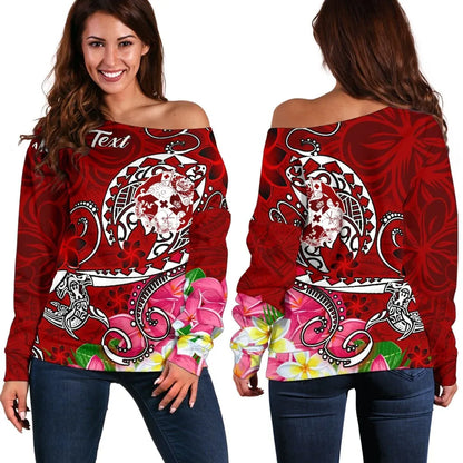 Tonga Custom Personalised Women Off Shoulder Sweater - Turtle Plumeria (Red)