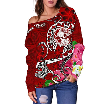 Tonga Custom Personalised Women Off Shoulder Sweater - Turtle Plumeria (Red)