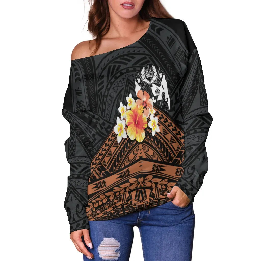 Tonga Custom Personalised Women Off Shoulder Sweaters - Tribal Pattern Hibiscus