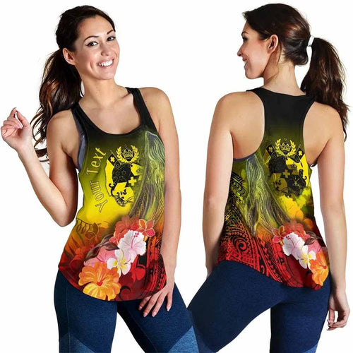 Tonga Custom Personalised Women Racerback Tank - Humpback Whale with Tropical Flowers (Yellow)
