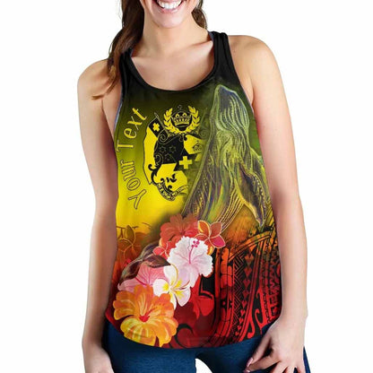 Tonga Custom Personalised Women Racerback Tank - Humpback Whale with Tropical Flowers (Yellow)