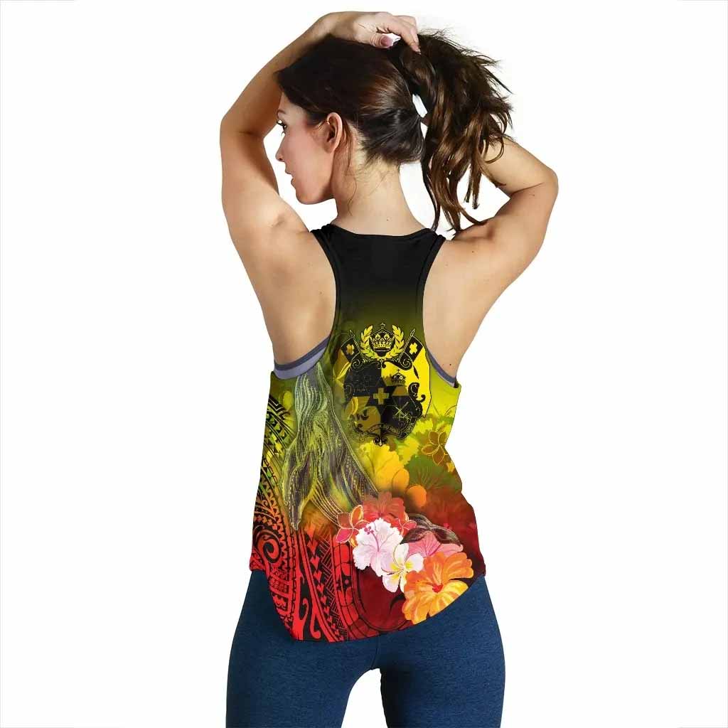 Tonga Custom Personalised Women Racerback Tank - Humpback Whale with Tropical Flowers (Yellow)