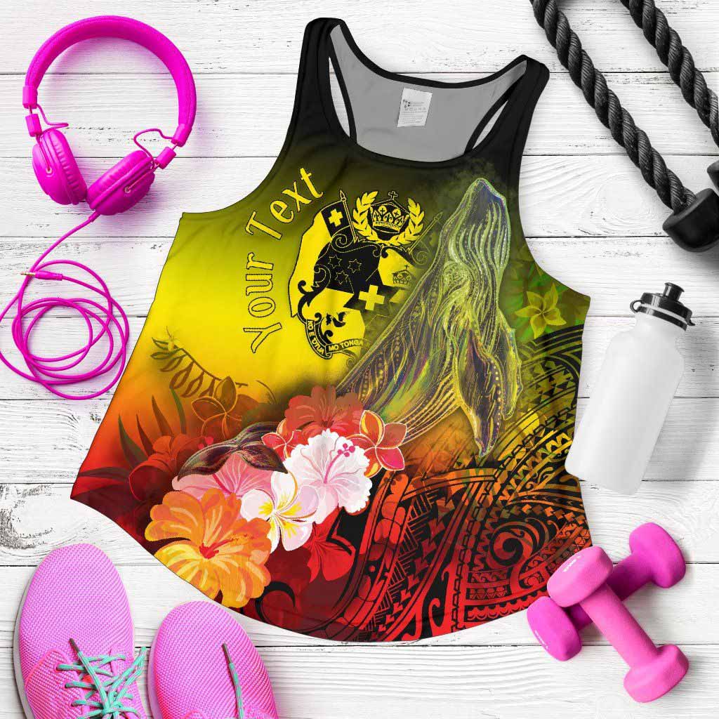 Tonga Custom Personalised Women Racerback Tank - Humpback Whale with Tropical Flowers (Yellow)