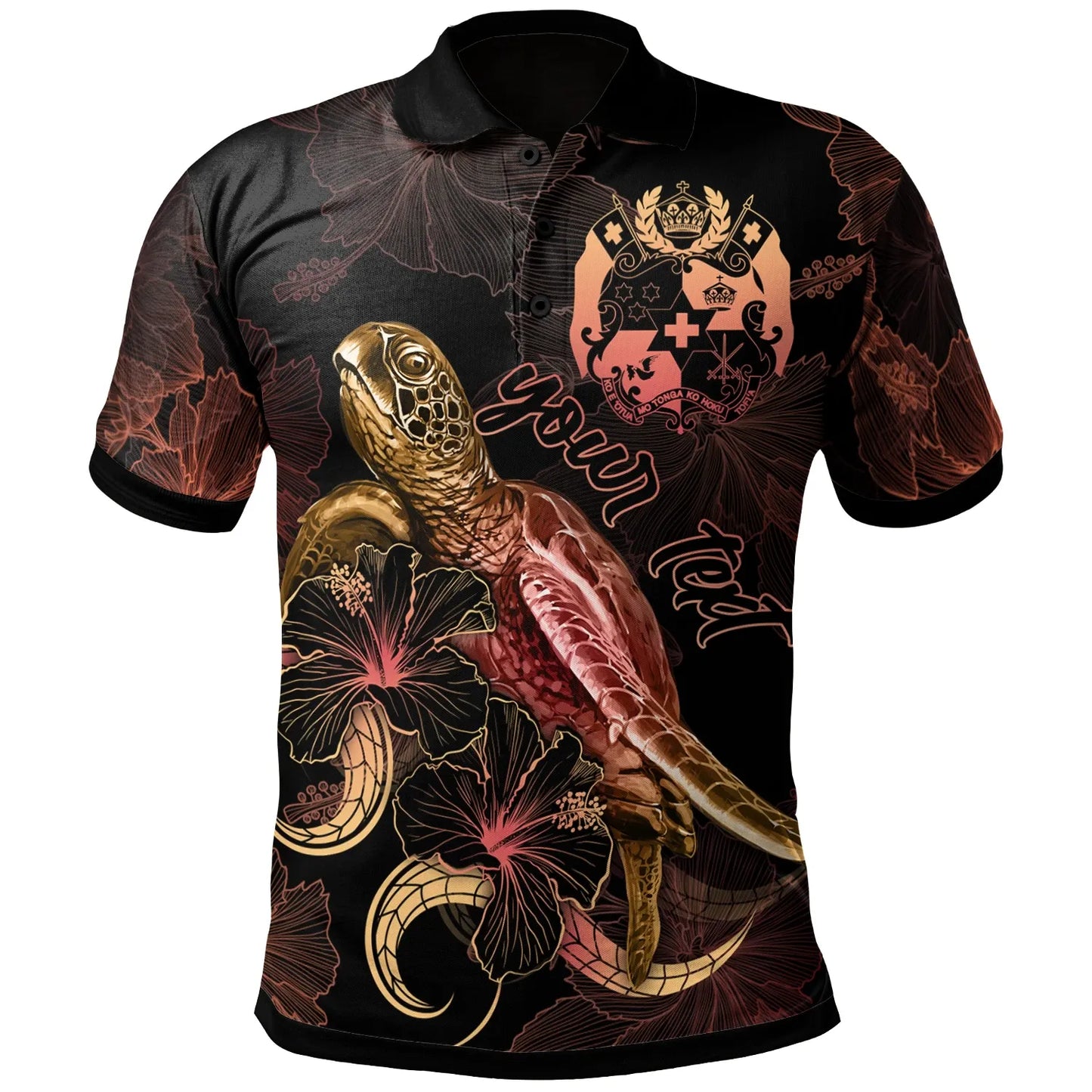 Tonga Custom Personalized Polynesian Polo Shirt - Turtle With Blooming Hibiscus Gold