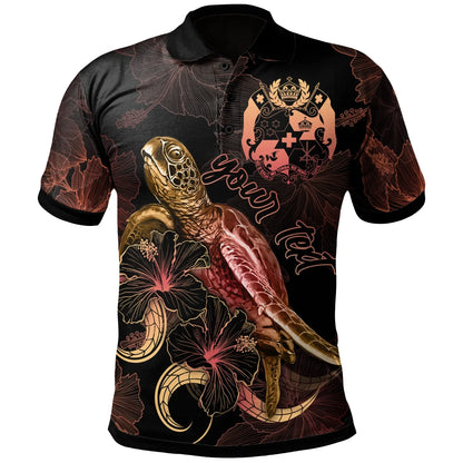 Tonga Custom Personalized Polynesian Polo Shirt - Turtle With Blooming Hibiscus Gold