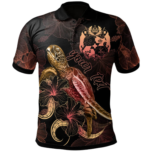 Tonga Custom Personalized Polynesian Polo Shirt - Turtle With Blooming Hibiscus Gold