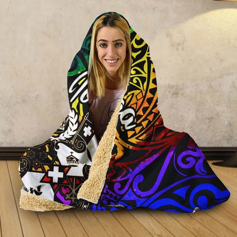 Tonga Hooded Blanket - Rainbow Polynesian Pattern