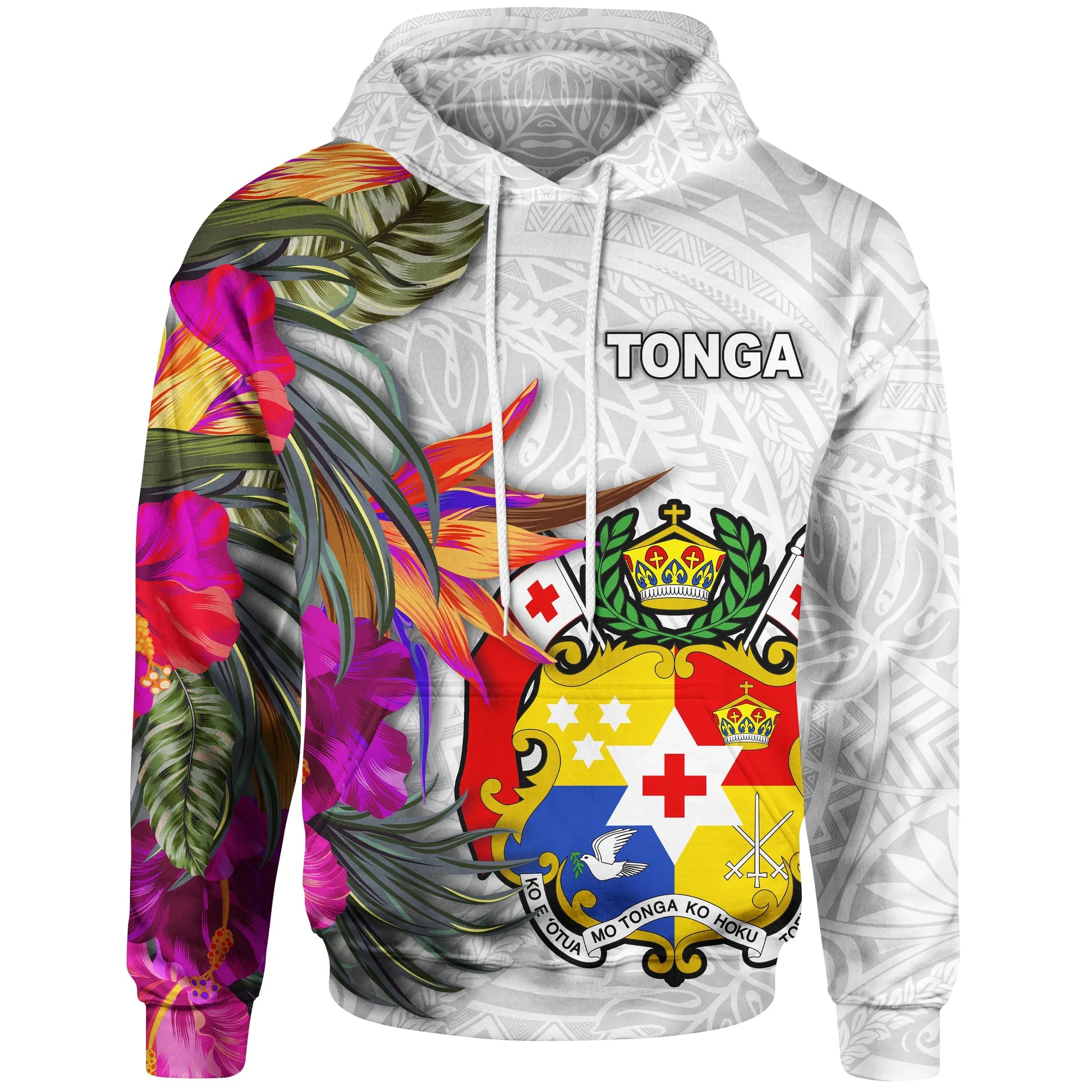 Tonga Hoodie Hibiscus Polynesian White pattern