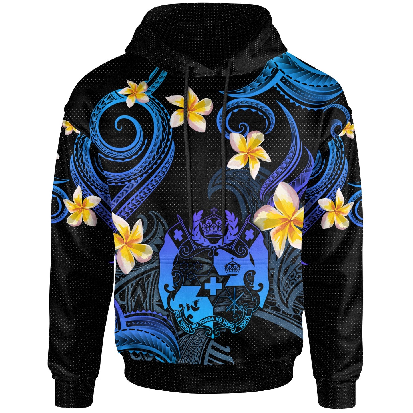 Tonga Hoodie - Custom Personalised Polynesian Waves with Plumeria Flowers (Blue)