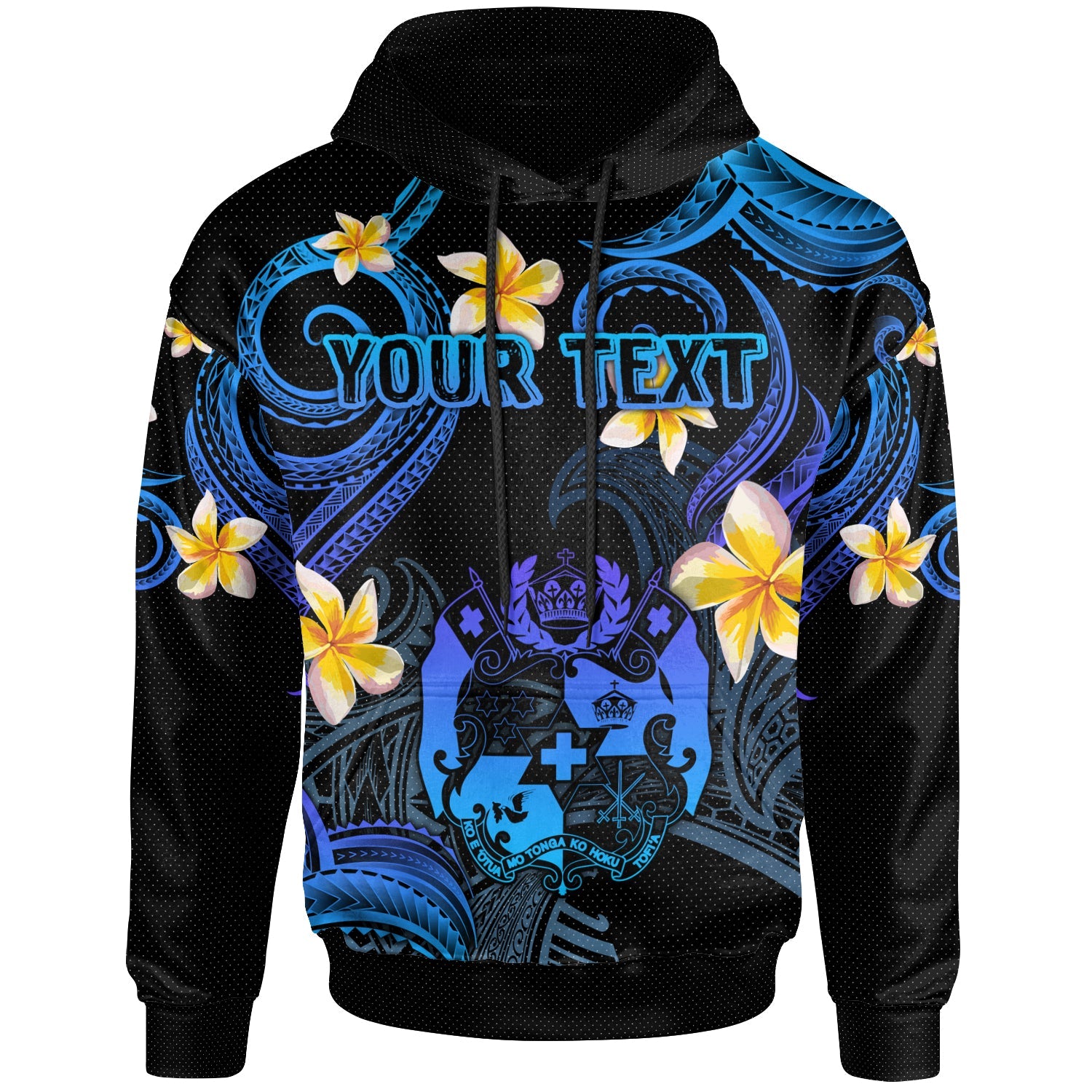 Tonga Hoodie - Custom Personalised Polynesian Waves with Plumeria Flowers (Blue)