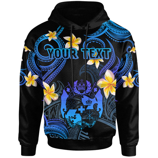 Tonga Hoodie - Custom Personalised Polynesian Waves with Plumeria Flowers (Blue)