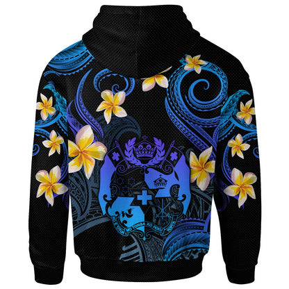 Tonga Hoodie - Custom Personalised Polynesian Waves with Plumeria Flowers (Blue)