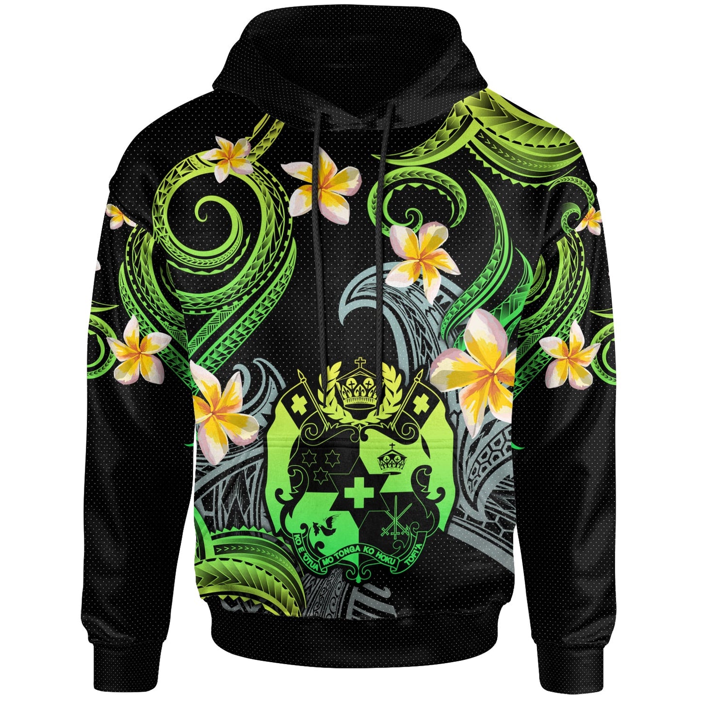Tonga Hoodie - Custom Personalised Polynesian Waves with Plumeria Flowers (Green)