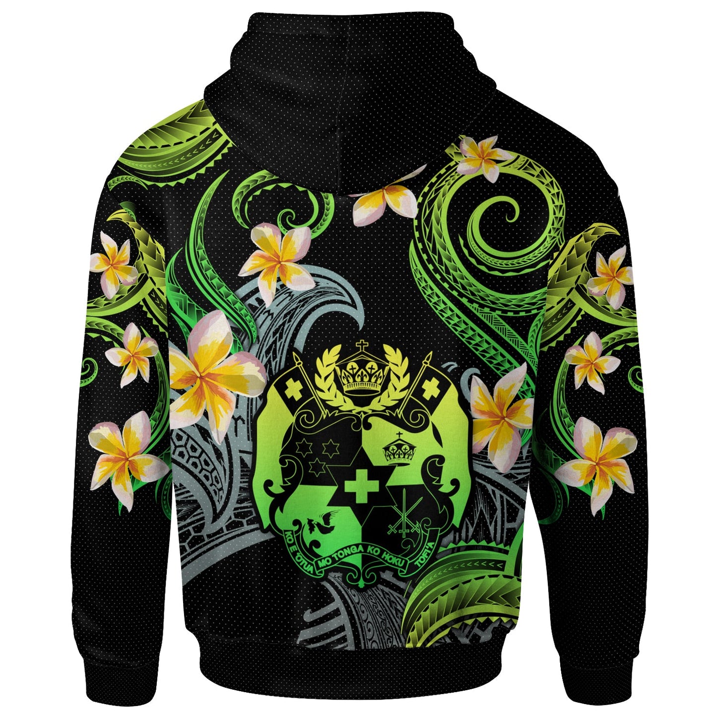 Tonga Hoodie - Custom Personalised Polynesian Waves with Plumeria Flowers (Green)