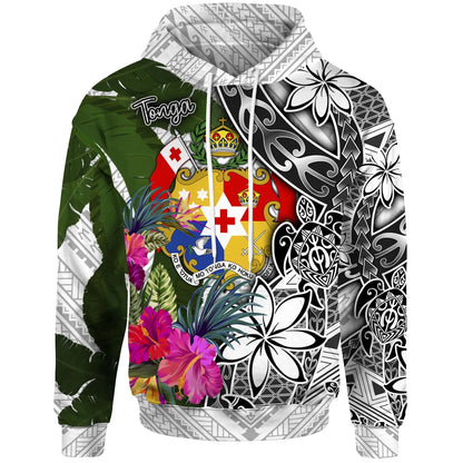 Tonga Hoodie White - Turtle Plumeria Banana Leaf