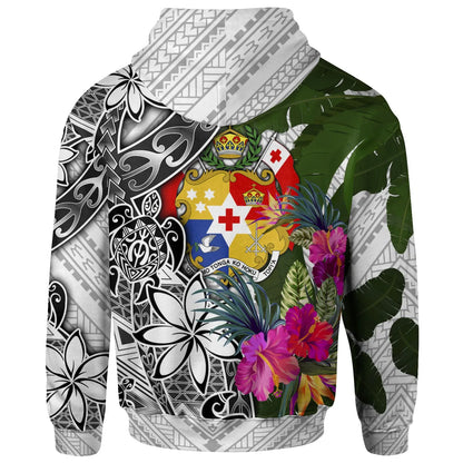 Tonga Hoodie White - Turtle Plumeria Banana Leaf