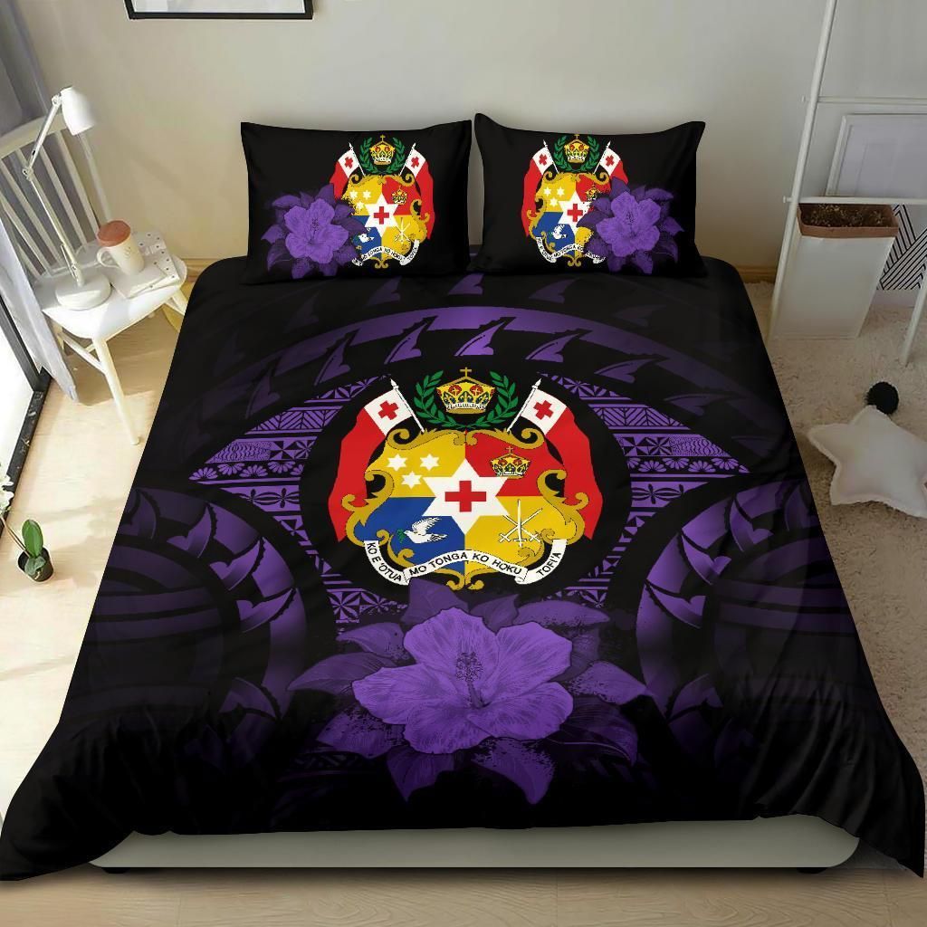 Tonga Duvet Cover Set - Tonga Coat Of Arms & Purple Hibiscus