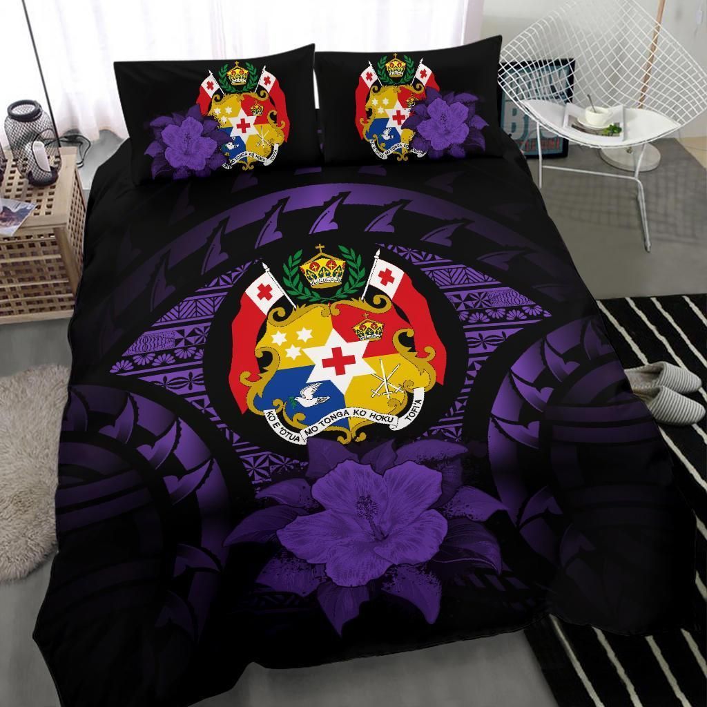 Tonga Duvet Cover Set - Tonga Coat Of Arms & Purple Hibiscus