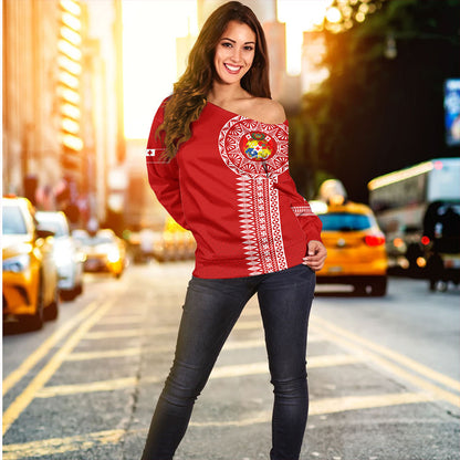 Tonga Off Shoulder Sweatshirt Ngatu Tribal Pattern
