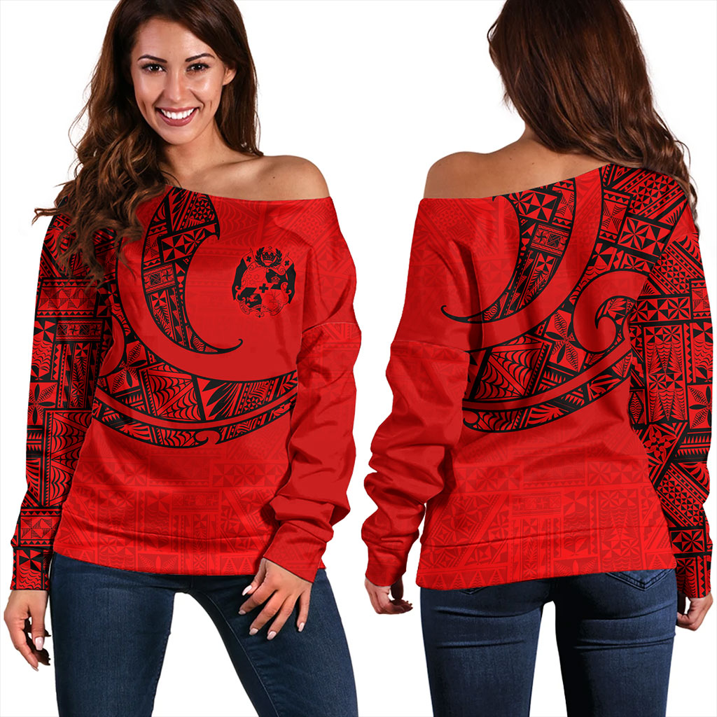 Tonga Off Shoulder Sweatshirt Custom Ngatu Tribal Tattoo Style