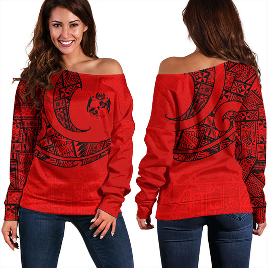 Tonga Off Shoulder Sweatshirt Custom Ngatu Tribal Tattoo Style