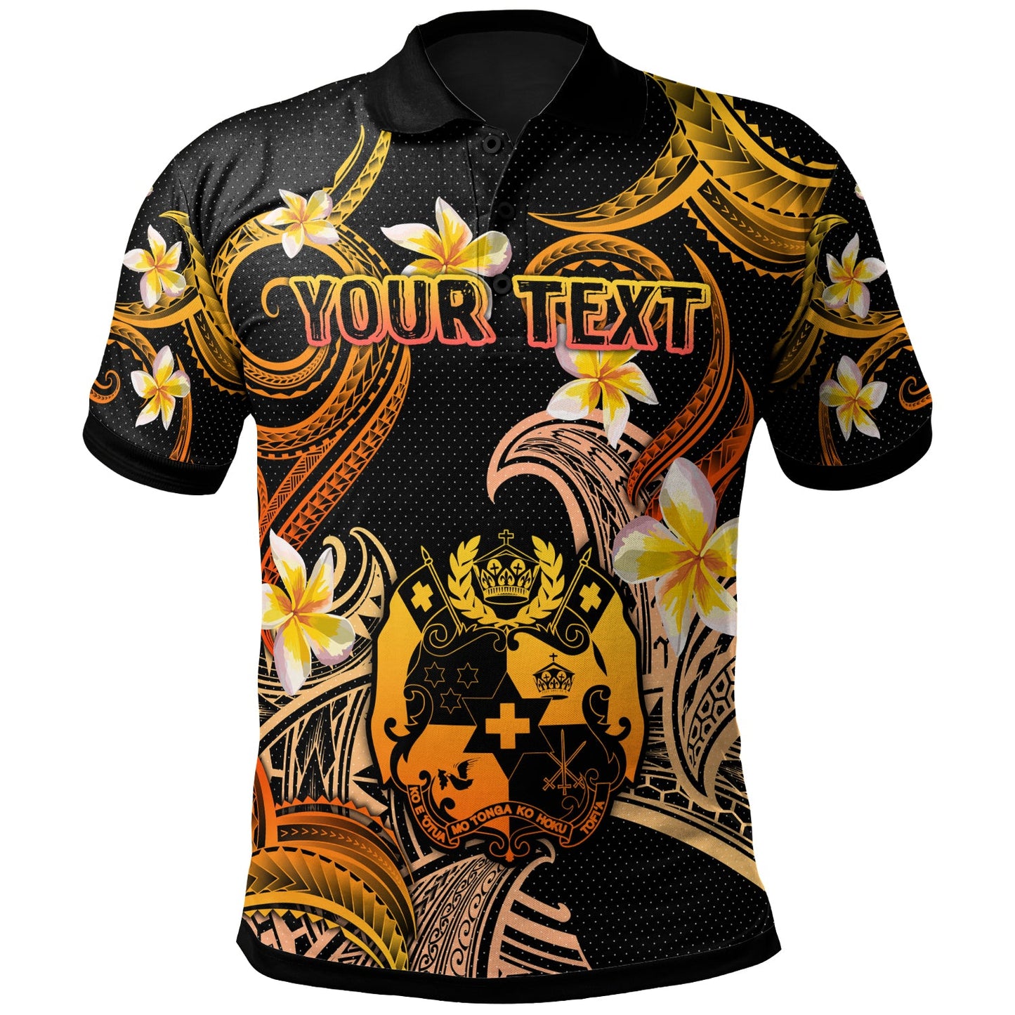 Tonga Polo Shirt - Custom Personalised Polynesian Waves with Plumeria Flowers (Orange)