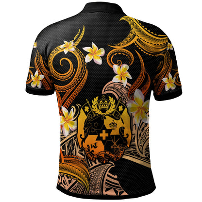 Tonga Polo Shirt - Custom Personalised Polynesian Waves with Plumeria Flowers (Orange)
