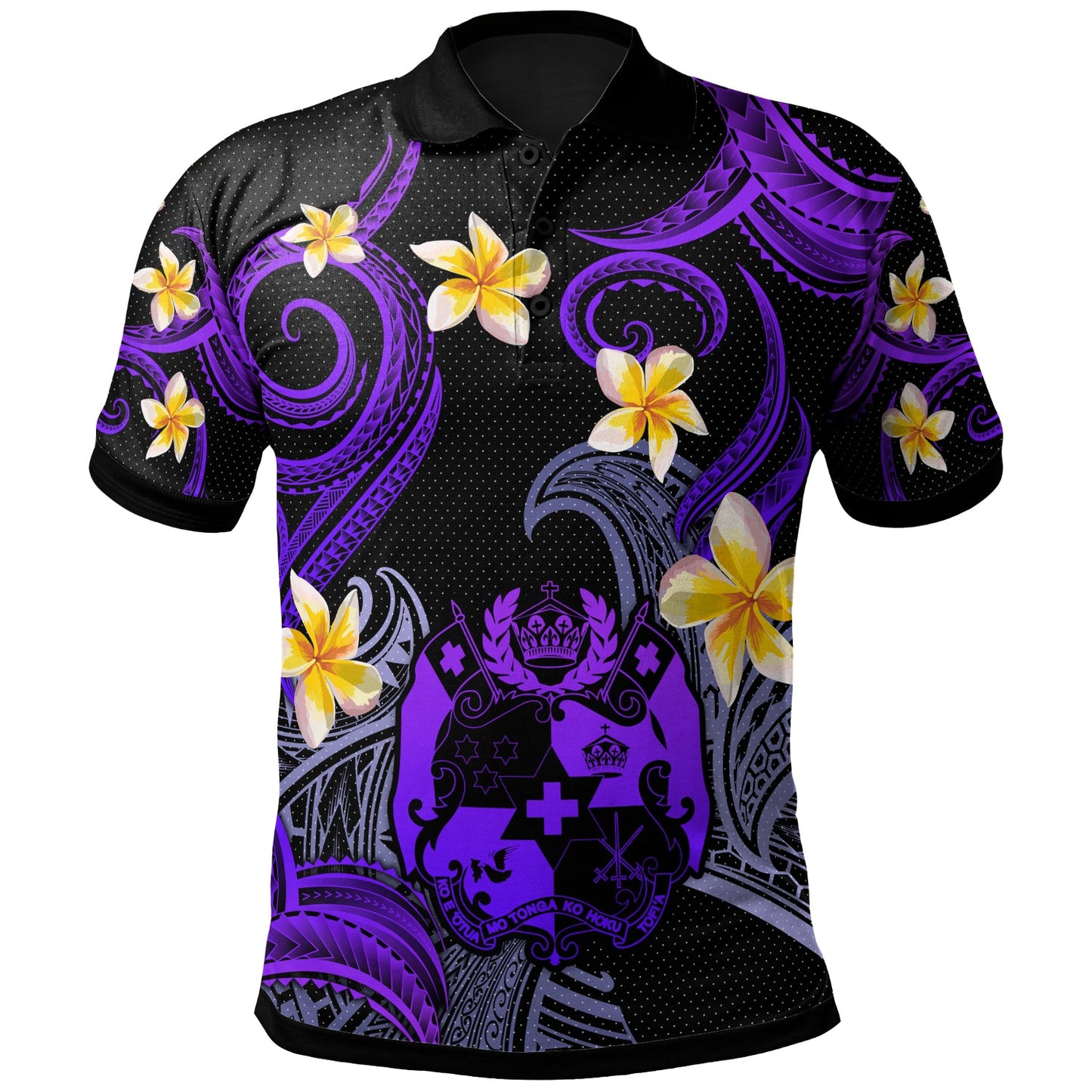 Tonga Polo Shirt - Custom Personalised Polynesian Waves with Plumeria Flowers (Purple)