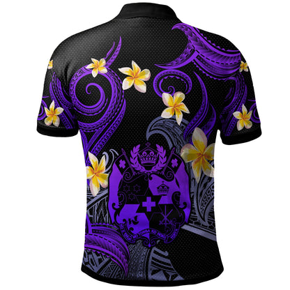 Tonga Polo Shirt - Custom Personalised Polynesian Waves with Plumeria Flowers (Purple)