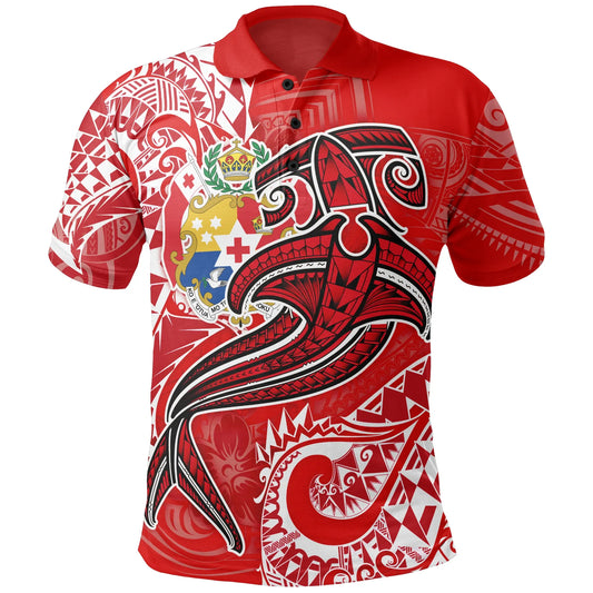 Tonga Polo Shirt - Red Shark Polynesian Tattoo