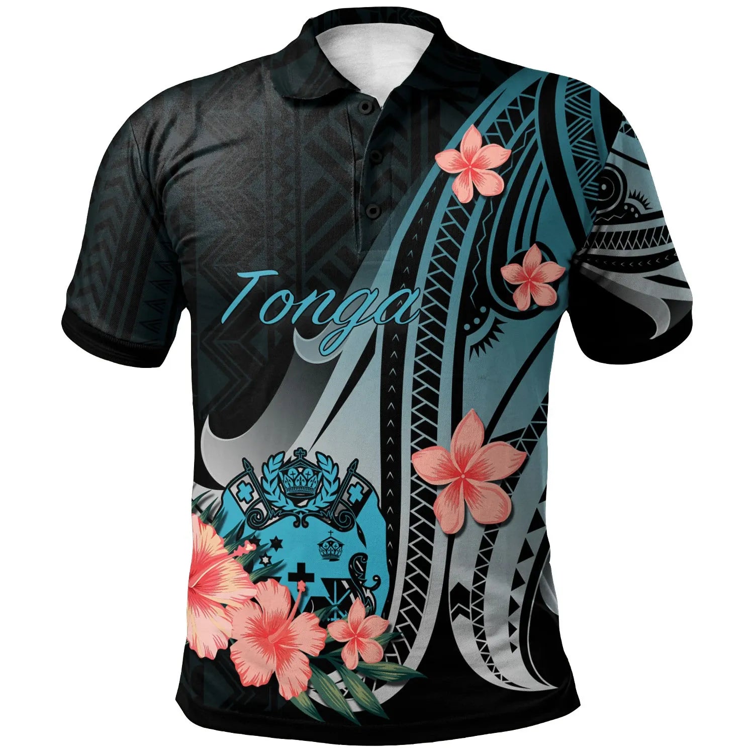 Tonga Polo Shirt - Turquoise Polynesian Hibiscus Pattern Style