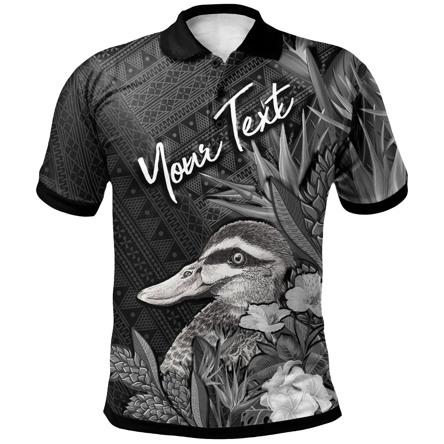 Tonga Polo Shirts - Custom Personalised Pacific Black Duck With Tropical Flowers