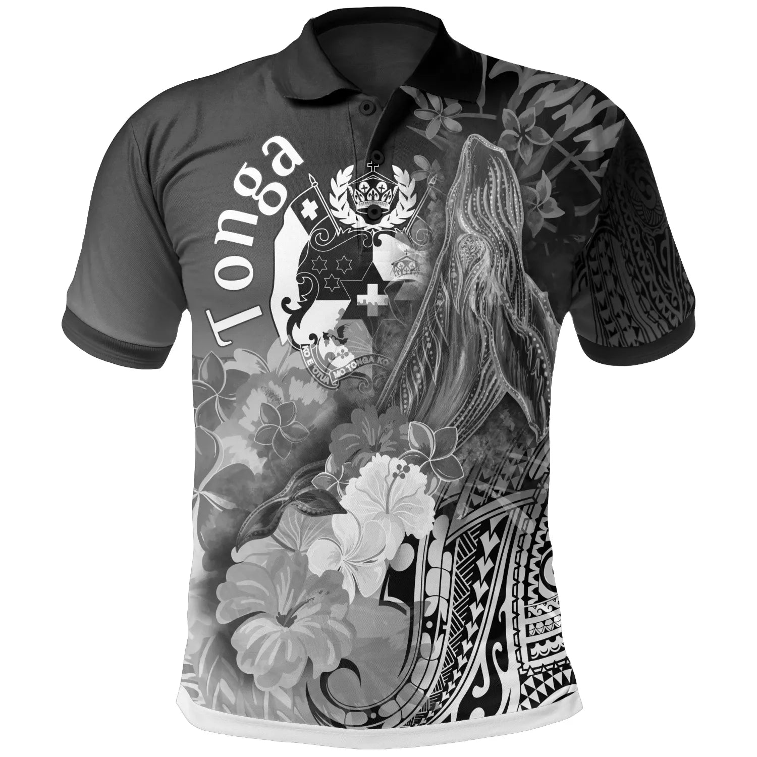 Tonga Polo Shirts - Humpback Whale with Tropical Flowers (White)