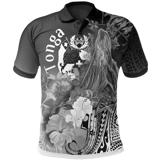 Tonga Polo Shirts - Humpback Whale with Tropical Flowers (White)