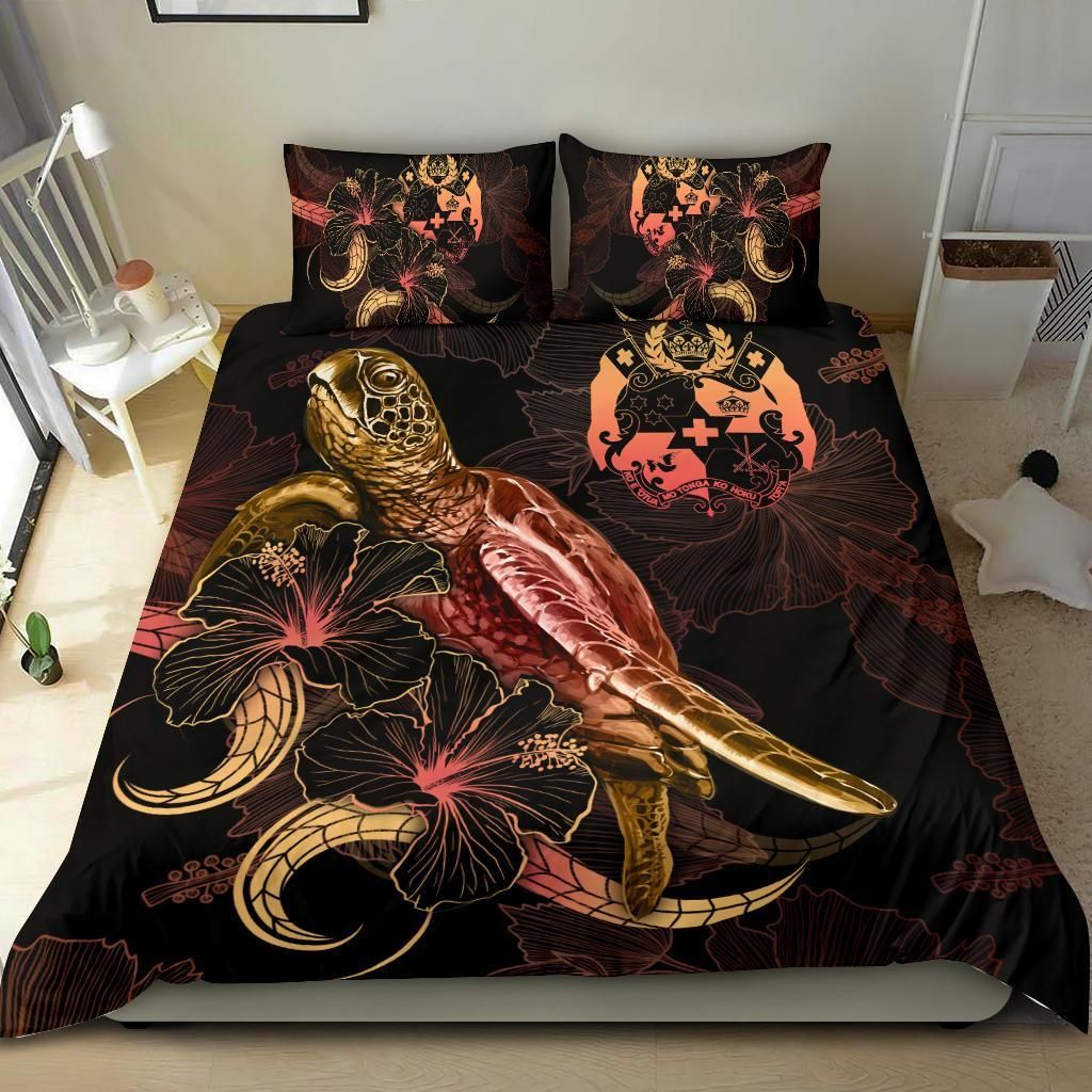 Tonga Polynesian Bedding Set - Turtle With Blooming Hibiscus Gold