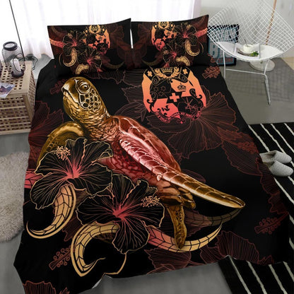 Tonga Polynesian Bedding Set - Turtle With Blooming Hibiscus Gold